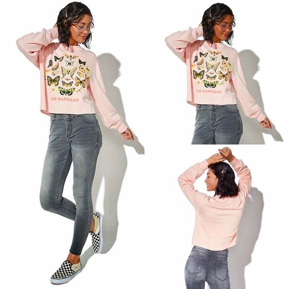 Public Library Le Papillon Butterfly Fleece Sweatshirt Raw Hem Cut Off Sz S - Picture 3 of 9